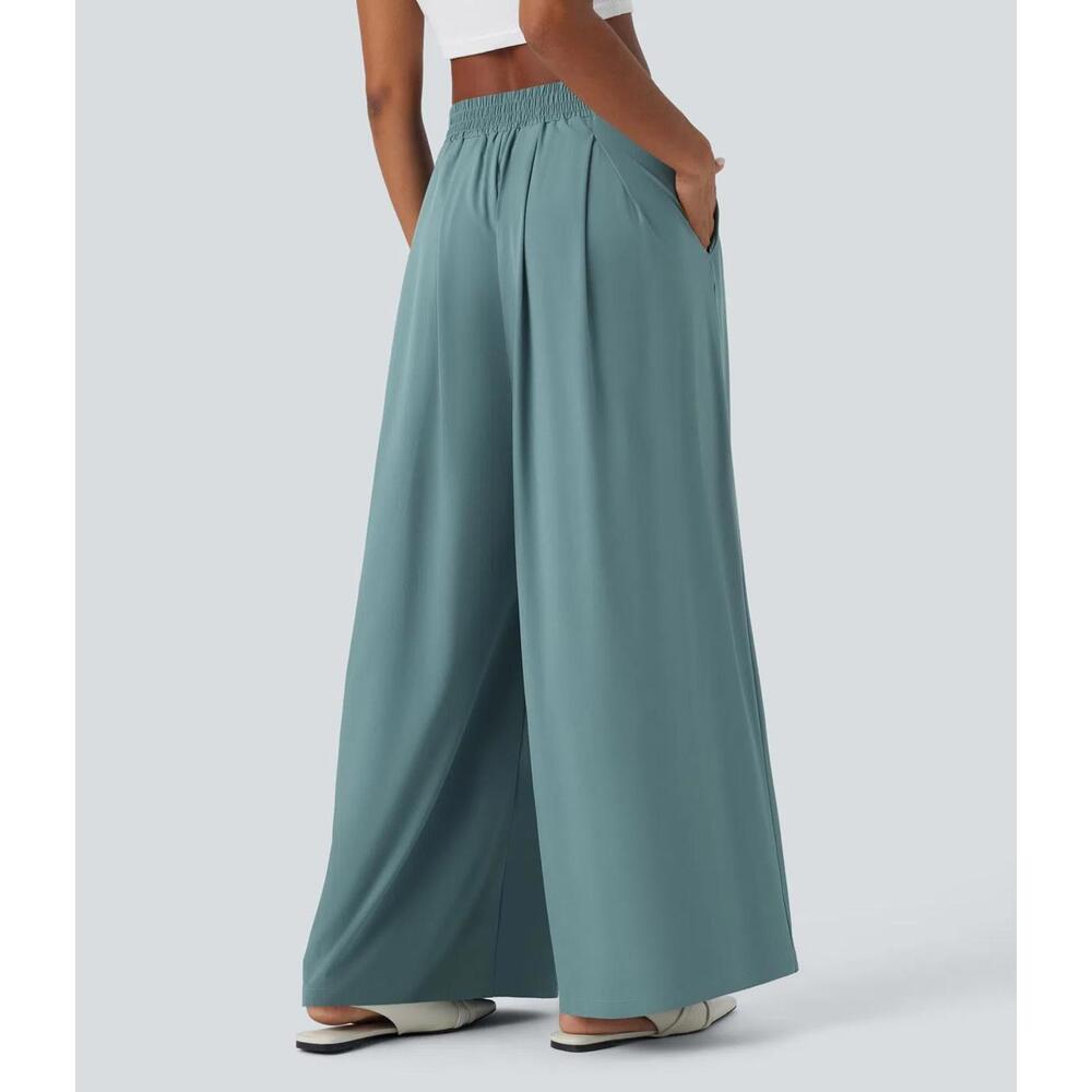 NWT Halara Breezeful High Waist Shirred Flowy Palazzo Casual Pants Stone Blue, M - Picture 3 of 13